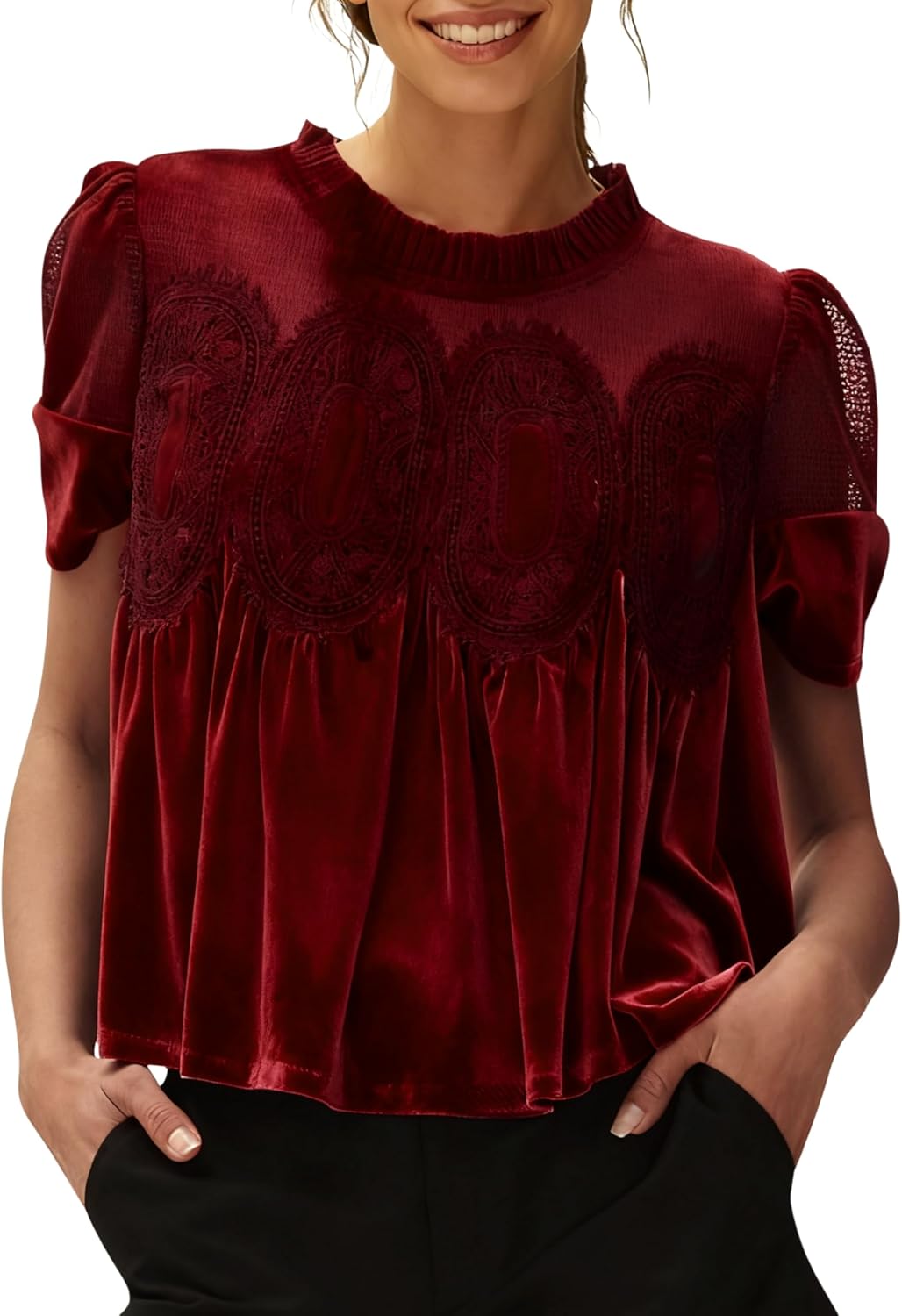Women's Velvet Lace Blouse Casual Round Neck Short Sleeve Flared Swing Top