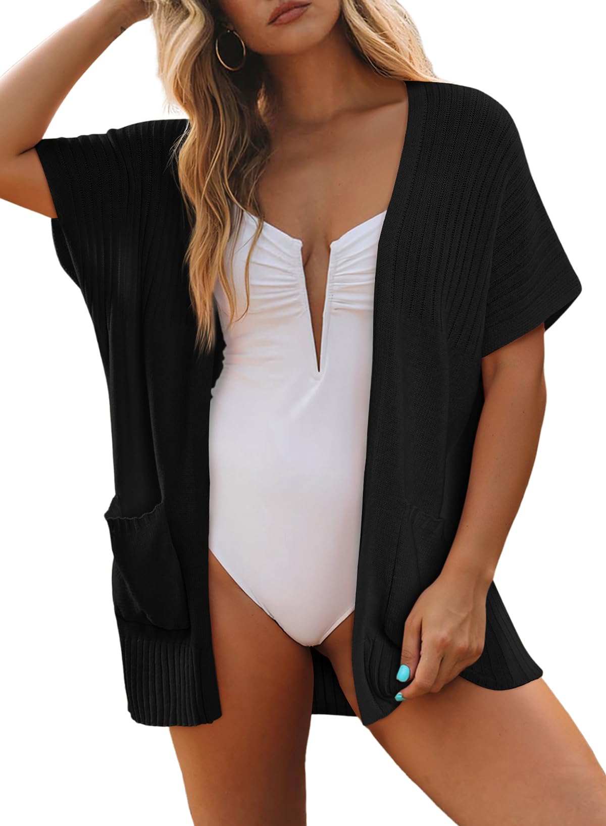 2025 New Women's Short Sleeve Pleated Lightweight Open Front Cardigan(BUY 2 FREE SHIPPING)