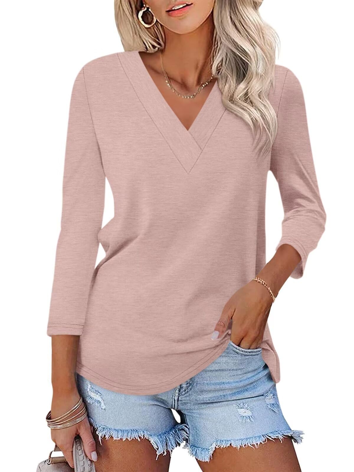 Women's 3/4 Length Sleeves V Neck Shirts Basic Tees(BUY 3 FREE SHIPPING)