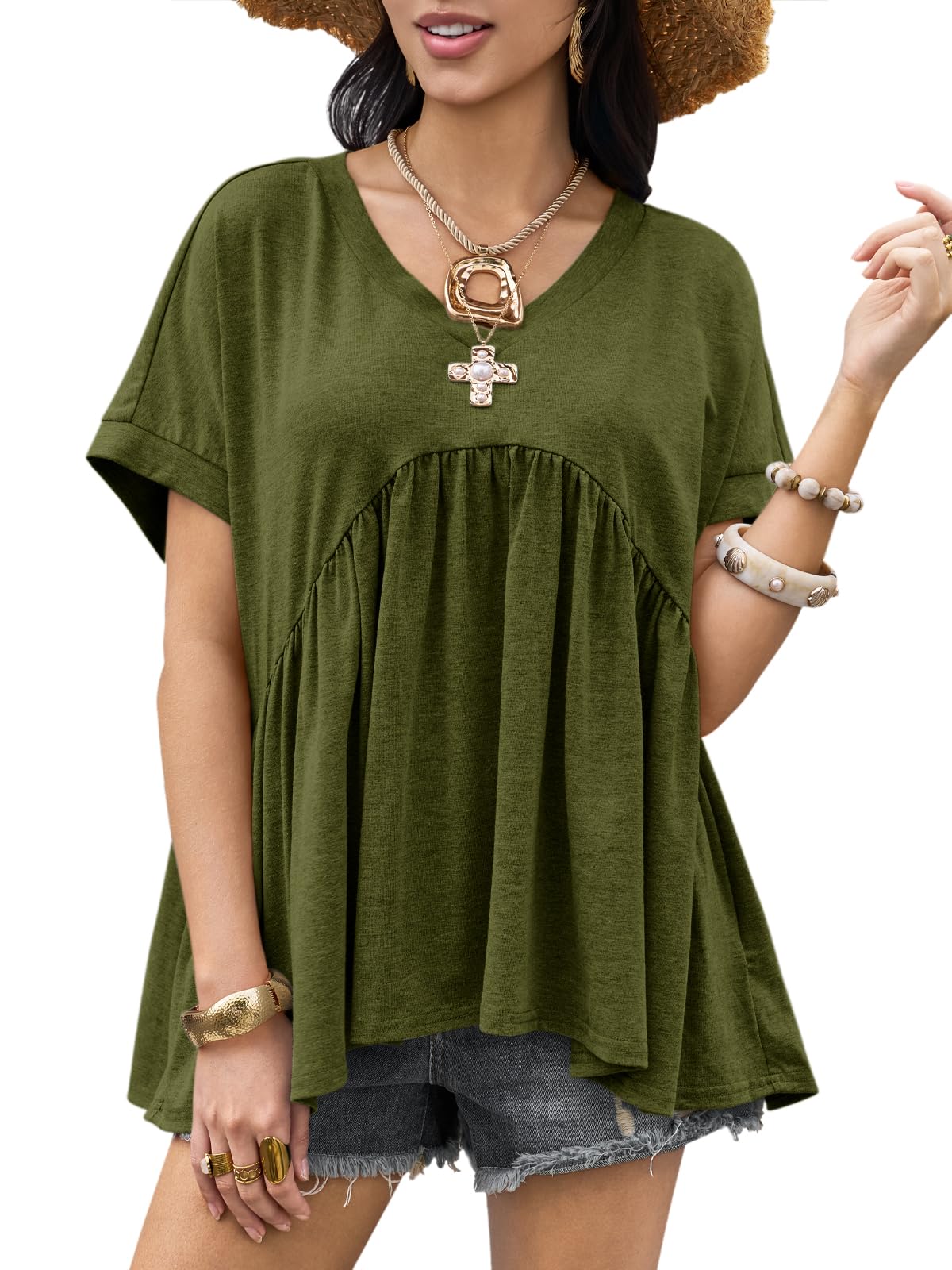 Womens Summer Peplum Tops Oversized Babydoll Short Sleeve V Neck T Shirts