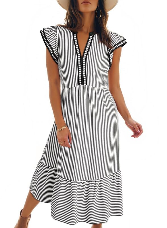 Womens Stripe Double Ruffled Short Sleeve Contrast Trim V Neck Midi Dress with Pockets