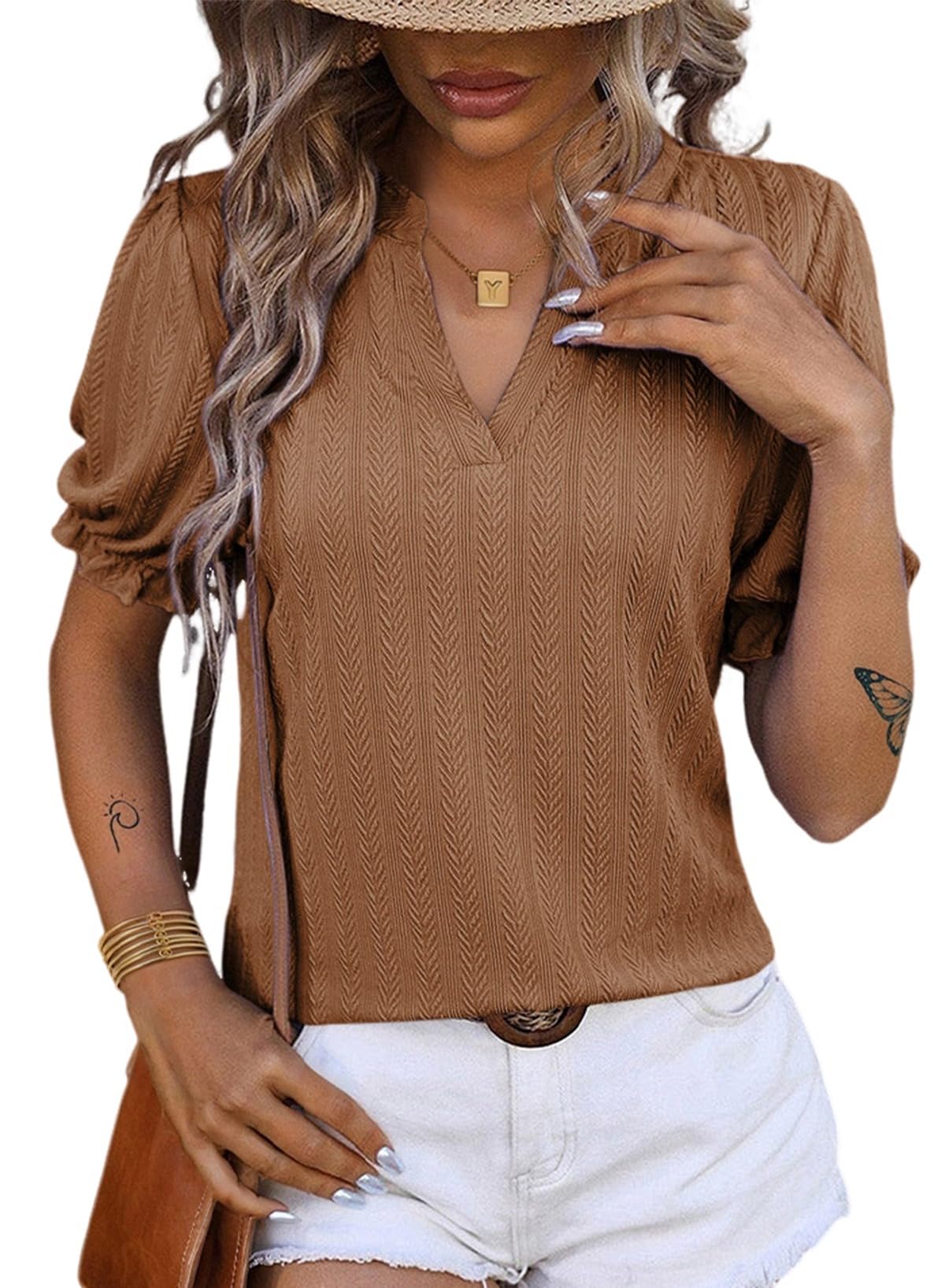 2025 New Womens Short Puff Sleeves Blouses V Neck Knit Textured Tops(buy 2 free shipping)