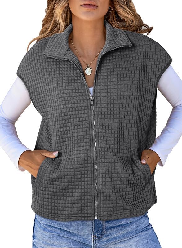Womens Zipper Up Cap Sleeve Side Pockets Waffle Knit Sleeveless Oversized Vest Tops