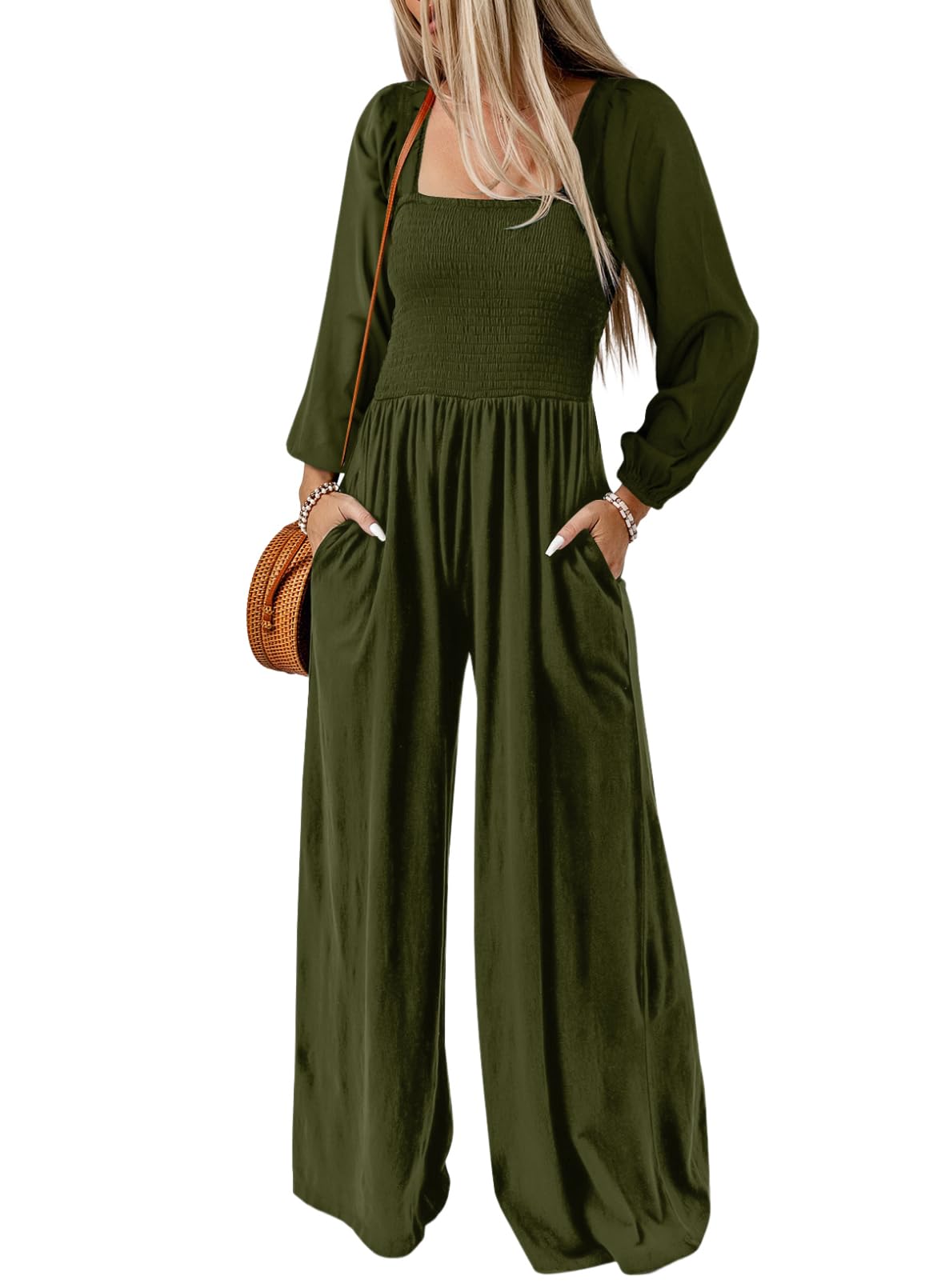 Women's Casual Long Sleeve Loose Wide Leg Jumpsuits Rompers With Pockets