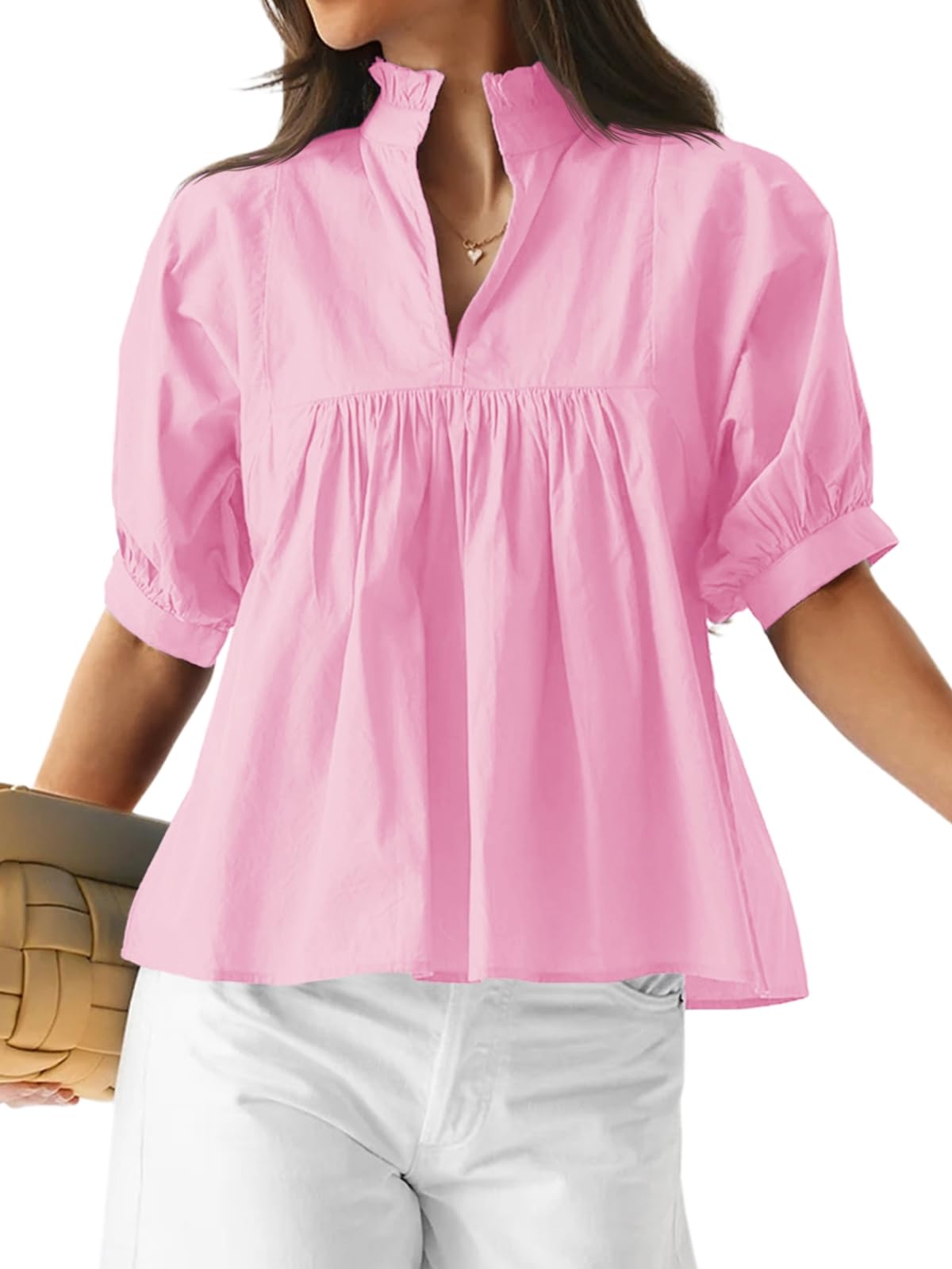 Womens Puff Sleeve V Neck Blouse Pleated Babydoll Peplum Tops
