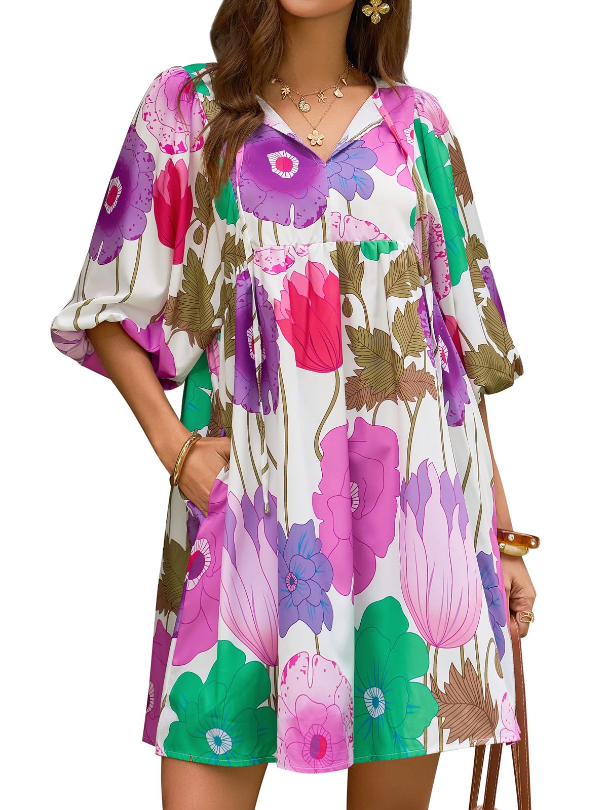 Womens V Neck Puff Sleeve Floral Mini Babydoll Dress with Pockets