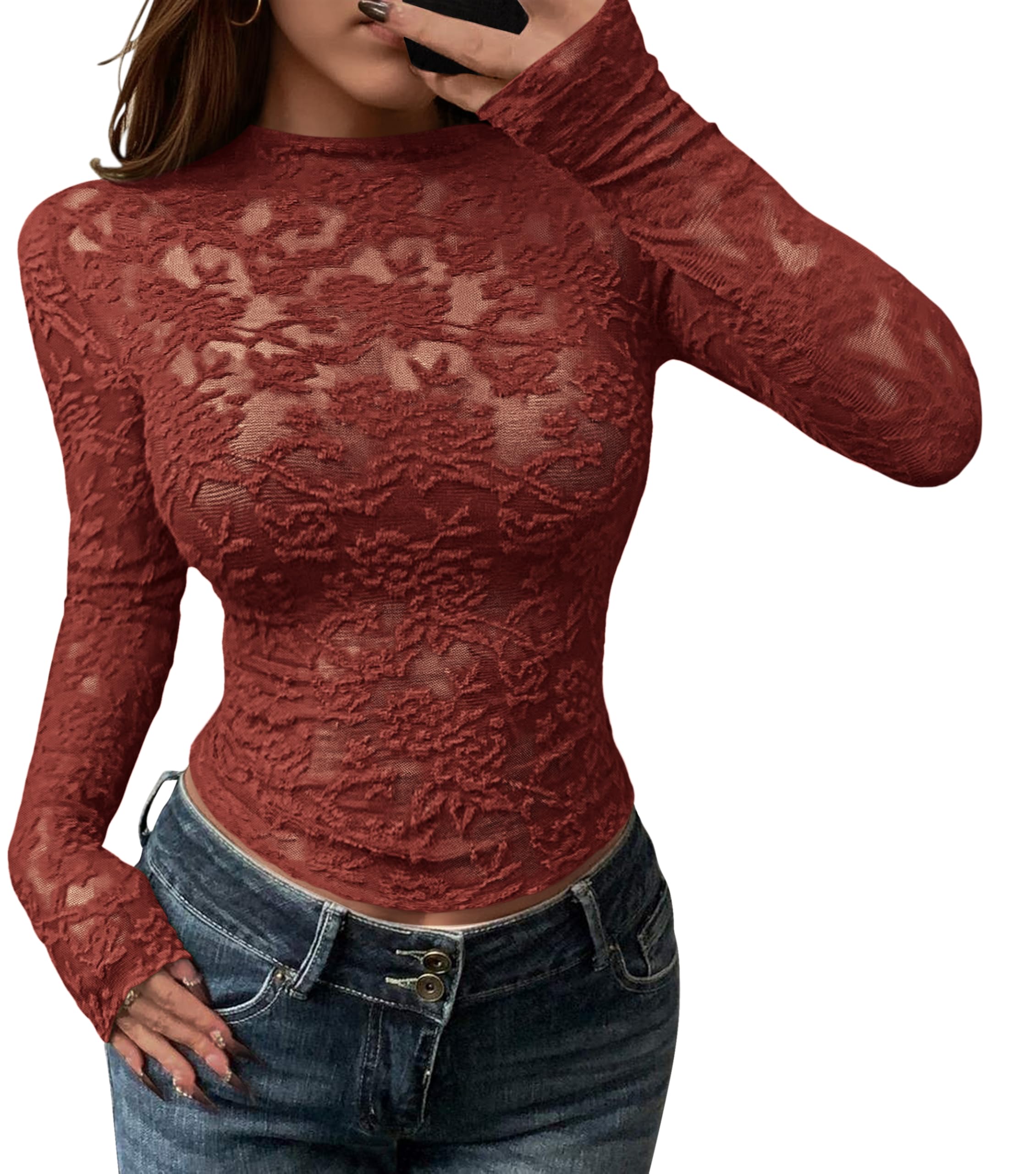 Women Lace Sexy Sheer Tight See Through Mesh Long Sleeve Tops(buy 2 free shipping)