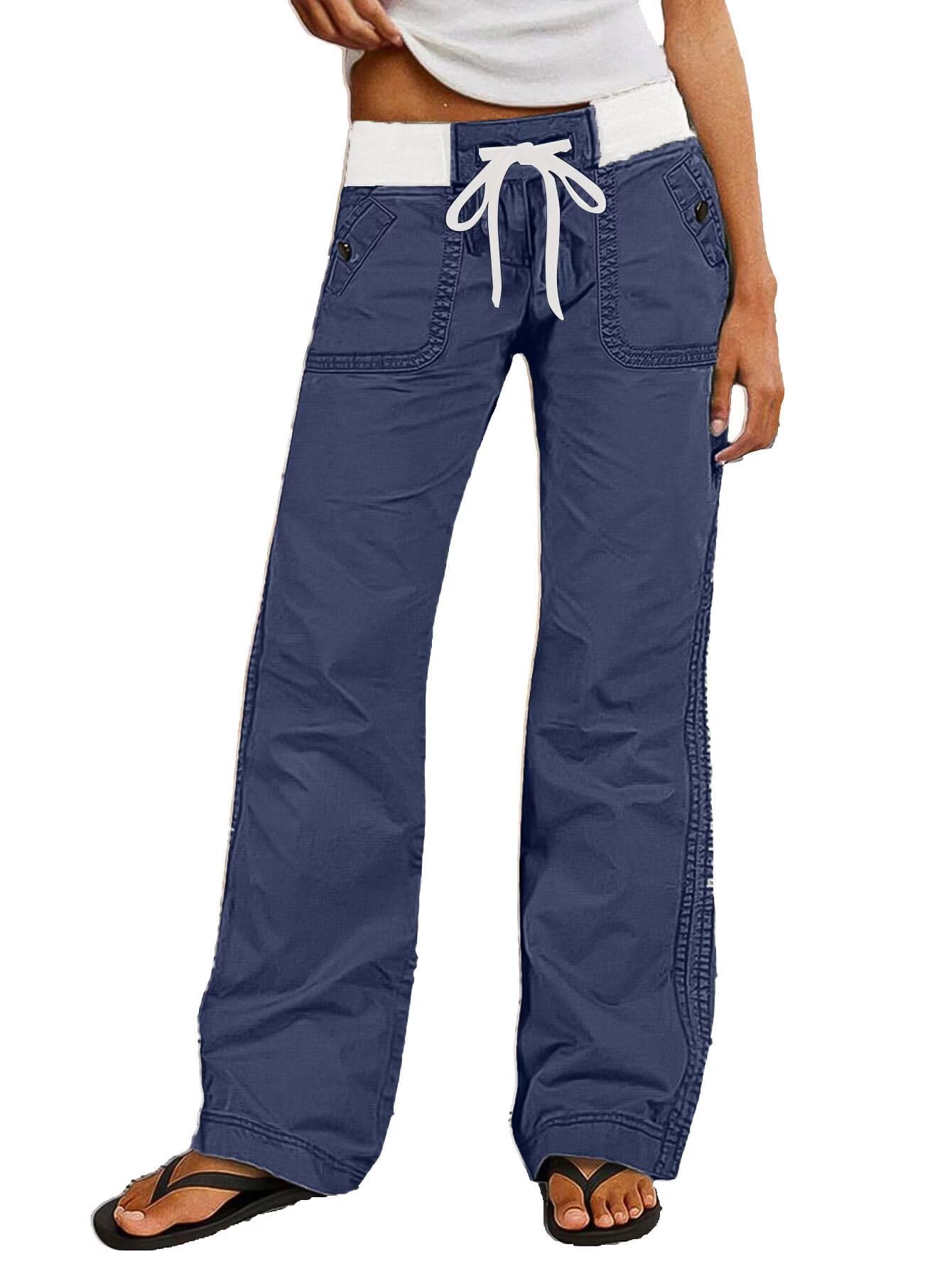 Women Drawstring Waist Mid Rise Seam Detail Straight Leg Pants