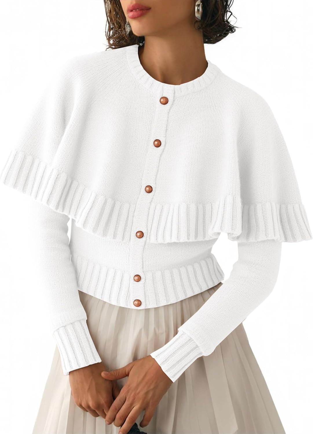 Womens Cropped Cardigan Sweater Long Sleeve Knit Button Up Cape Sweaters