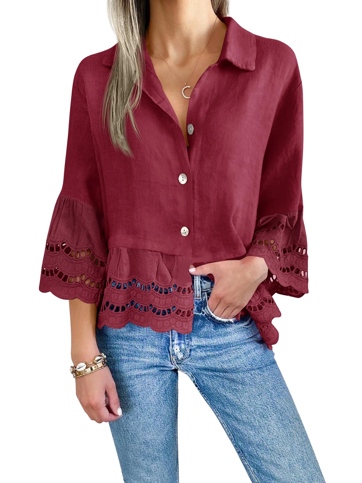 2024 New Chic Ruffle Hem Blouse with Hollow Out Design(Buy 2 10% OFF!!!）