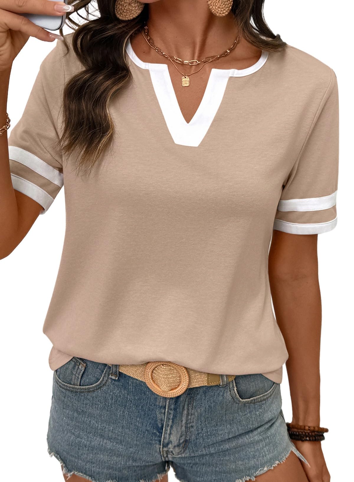 Women's Summer Tops V Neck Short Sleeve T-Shirts Colorblock Casual Tees