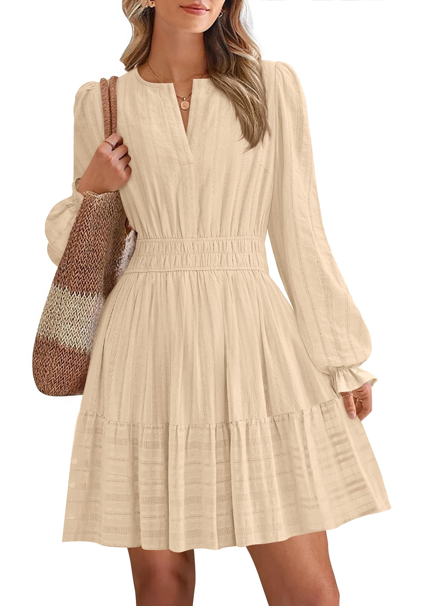 Women 2026 Casual Lightweight Long Sleeve V Neck A Line Elastic Waist Mini Dresses(50% OFF!!!)