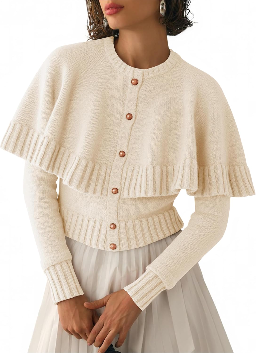 Womens Cropped Cardigan Sweater Long Sleeve Knit Button Up Cape Sweaters