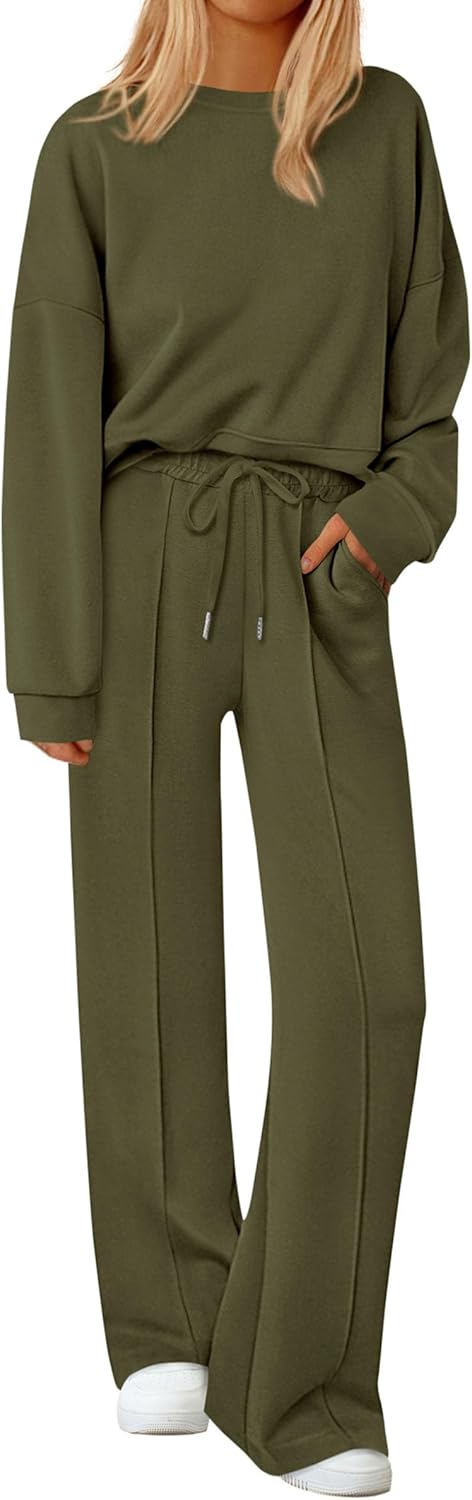 Womens Trendy Long Sleeve Sweatshirt Wide Leg Pants Loungewear Set