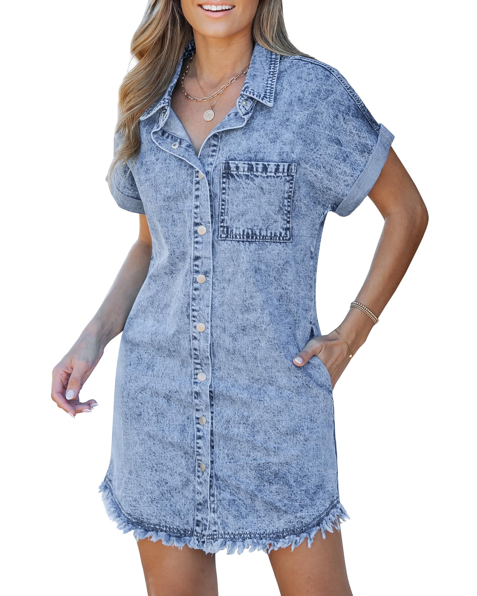 2025 New Women's Button Down Short Sleeves Frayed Hem Casual Jean Shirt Dresses with Pockets(buy 2 free shipping)