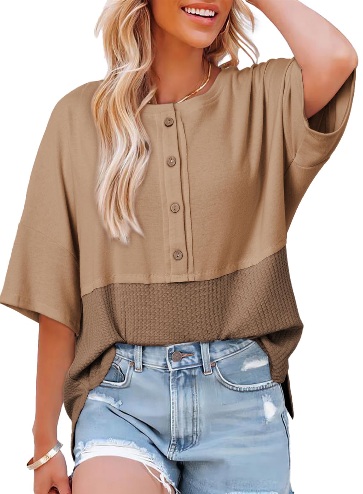 2025 New Women's 3/4 Sleeve Casual Button Down Waffle Knit Tops(buy 3 free shipping)