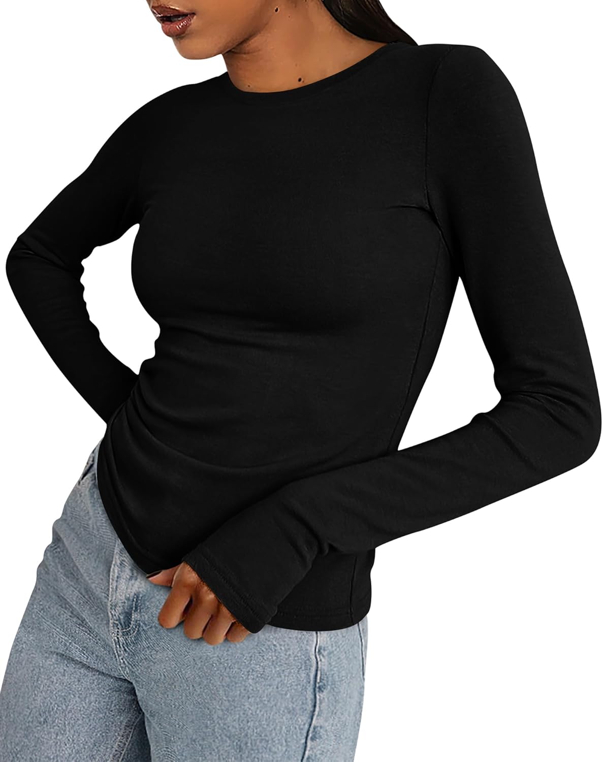 Womens Long Sleeve Shirts Stretchy Slim Fit Going Out Top with Thumb Holes