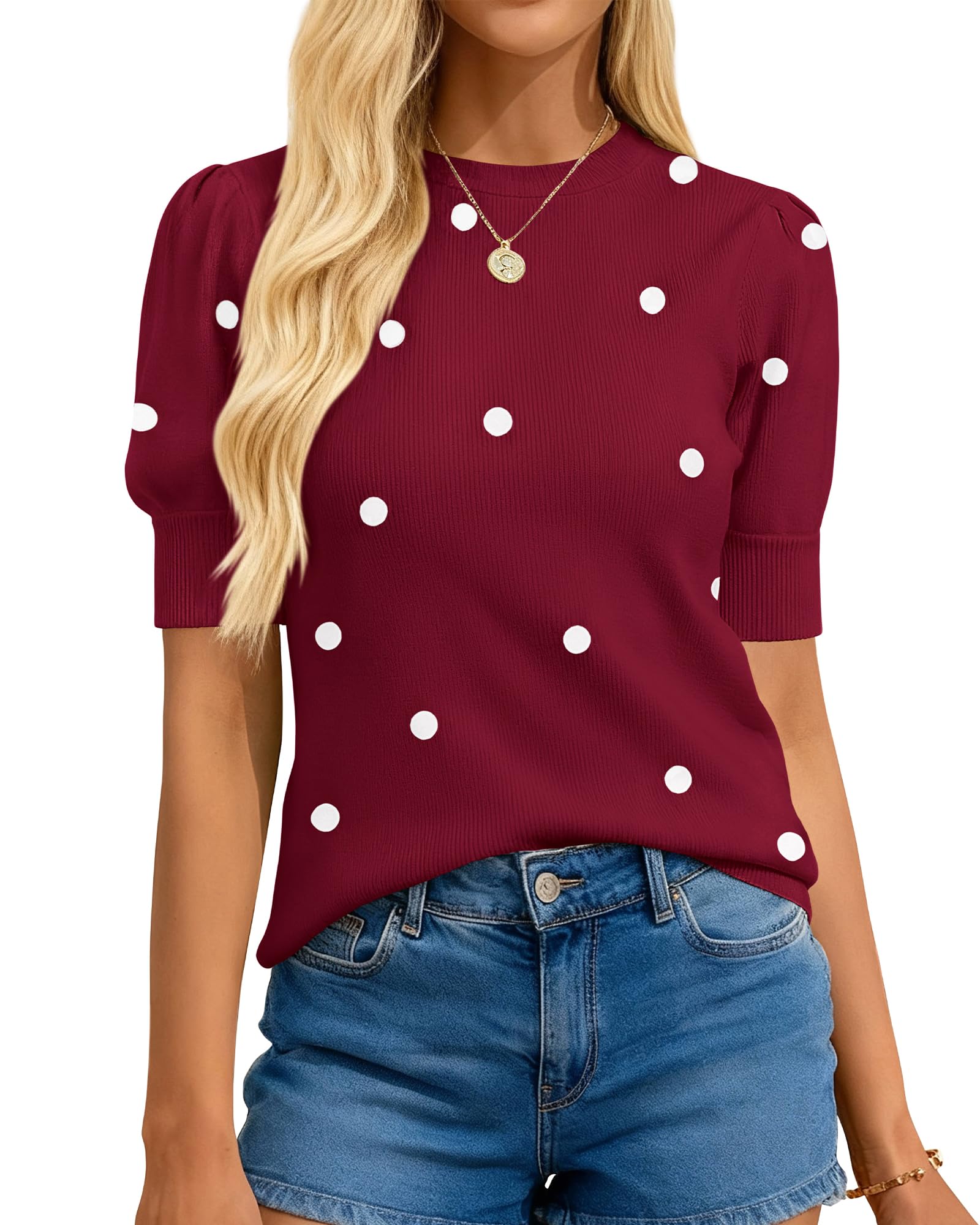 Womens Polka Dot Short Sleeve Crew Neck Sweater(buy 2 free shipping)