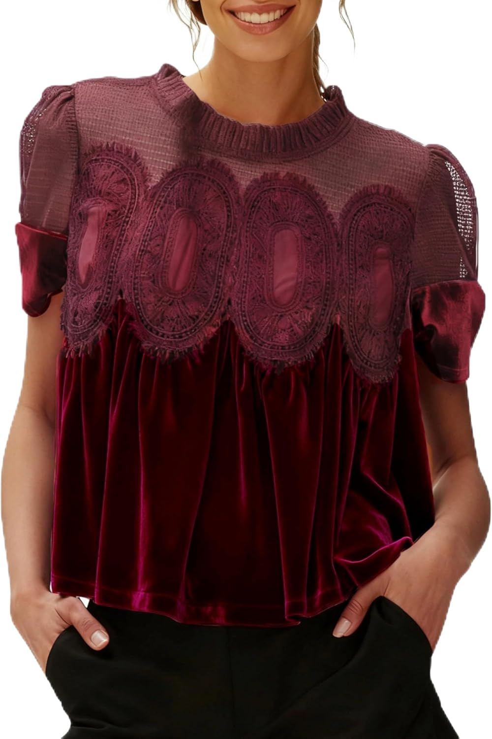 Women's Velvet Lace Blouse Casual Round Neck Short Sleeve Flared Swing Top