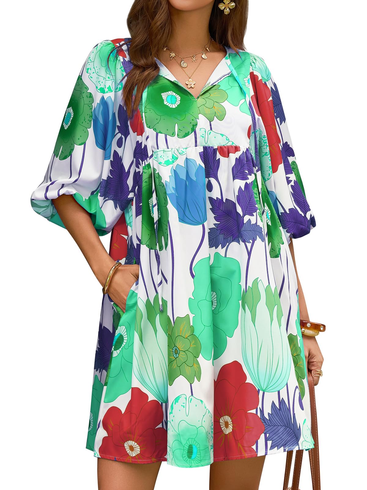 Womens V Neck Puff Sleeve Floral Mini Babydoll Dress with Pockets