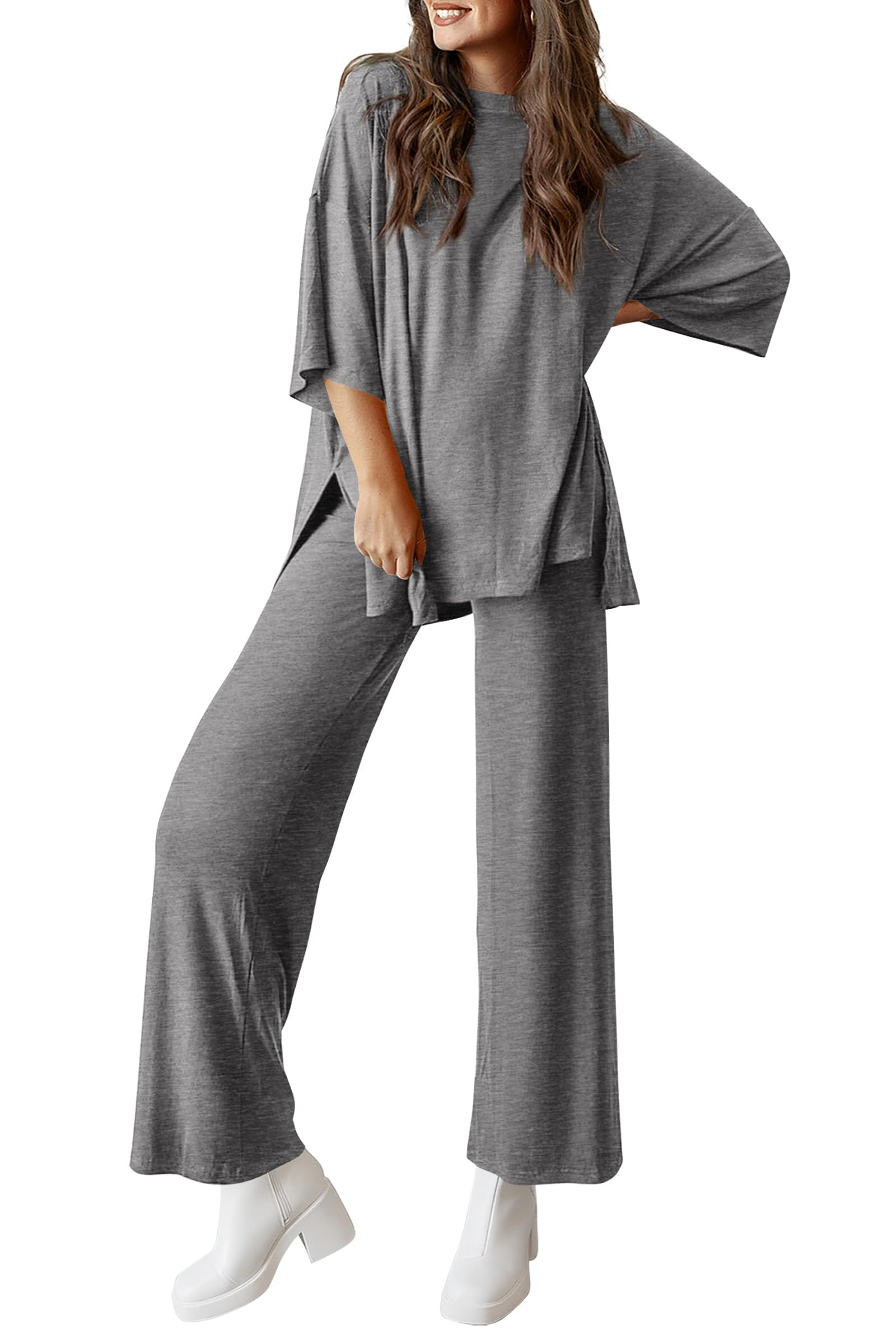 ⏰Hot Sale-Women's 2 Piece Outfits Casual Short Tops and Wide Leg Pants Lounge Sets (Buy 2 Free Shipping)