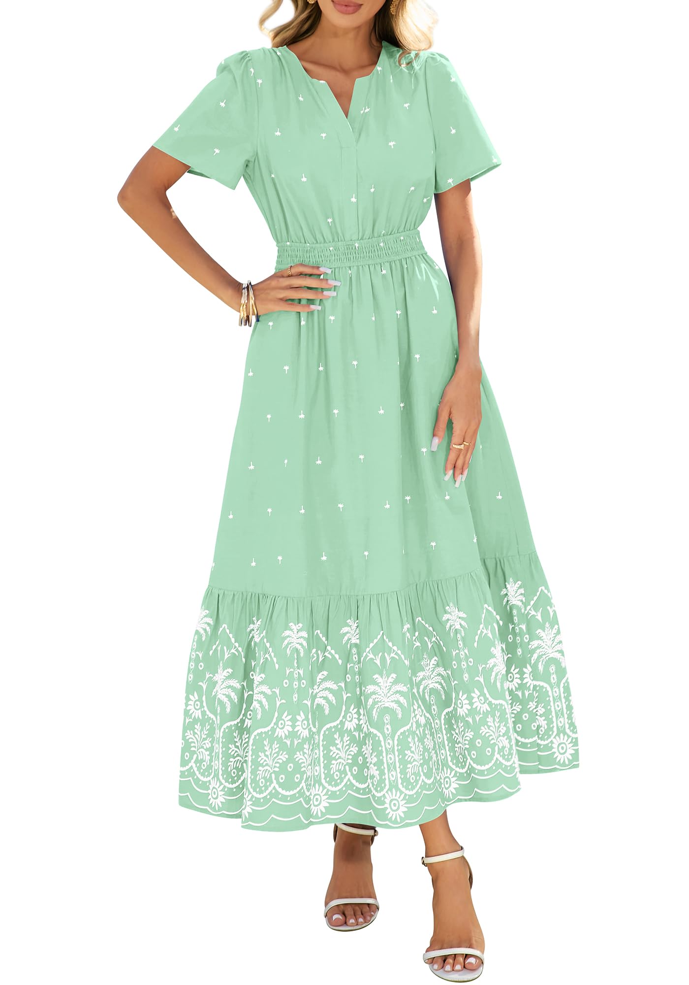 Womens Casual Short Sleeve Elastic Waist Flowy Beach Vacation Floral Boho Maxi Dress
