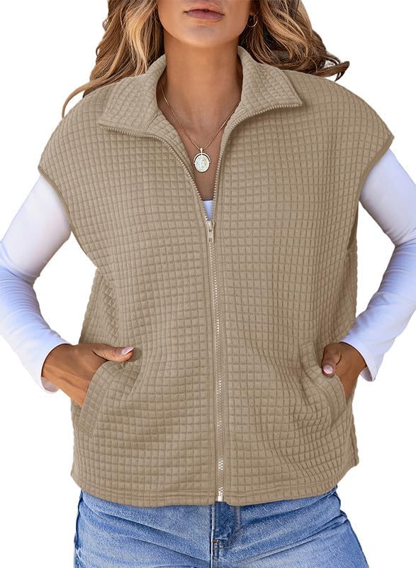 Womens Zipper Up Cap Sleeve Side Pockets Waffle Knit Sleeveless Oversized Vest Tops