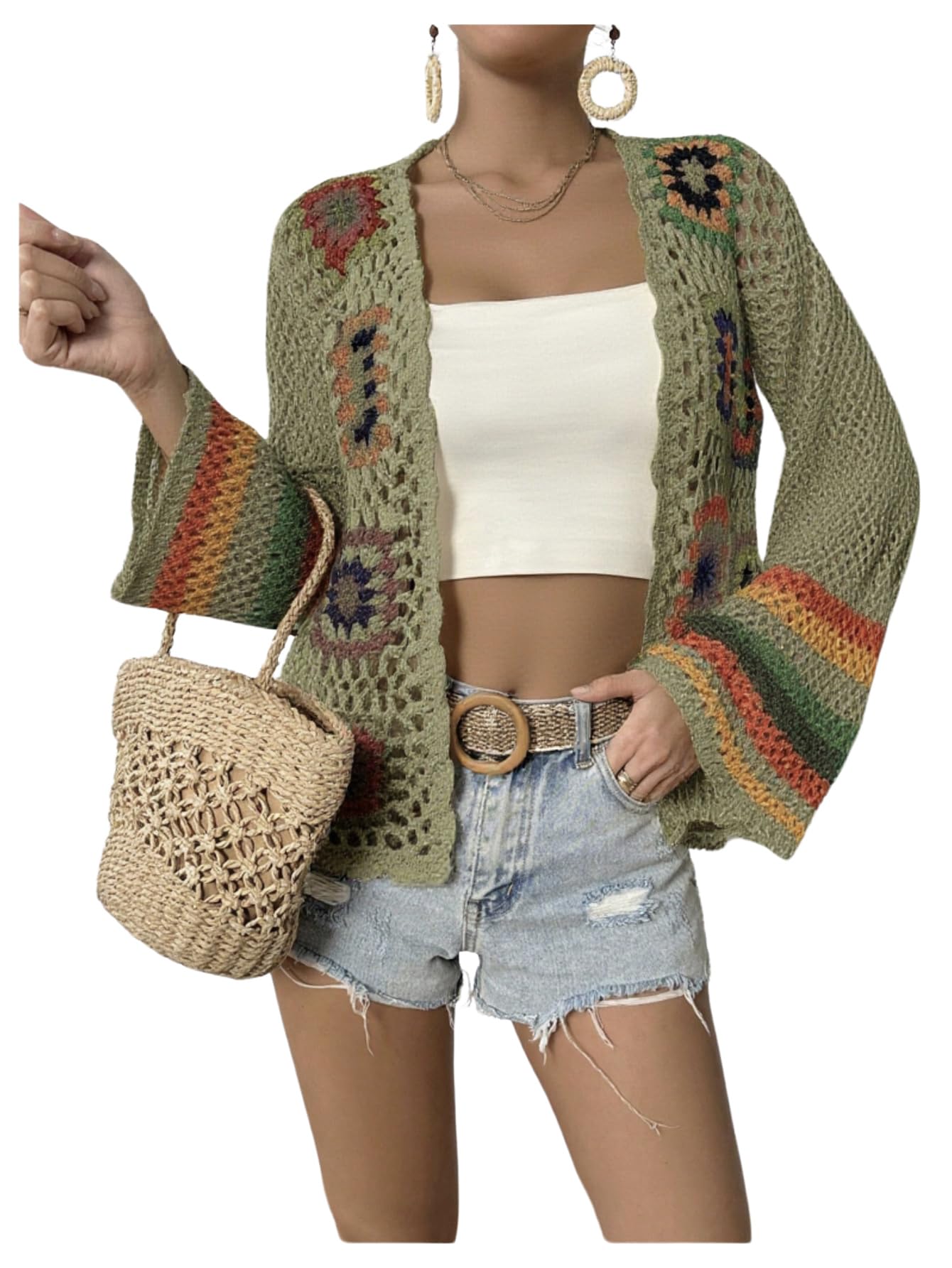 Women's Floral Crochet Cardigan Hollow Out Open Front Long Sleeve Cardigan