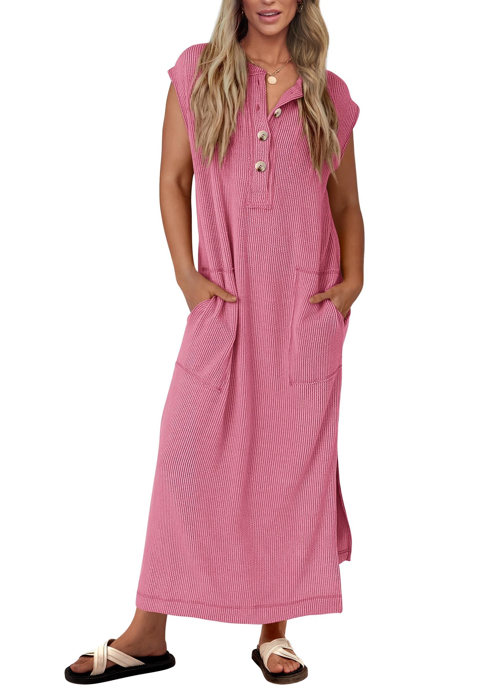Womens Ribbed Knit Henley Short Sleeve Button Up Loose Maxi Dress