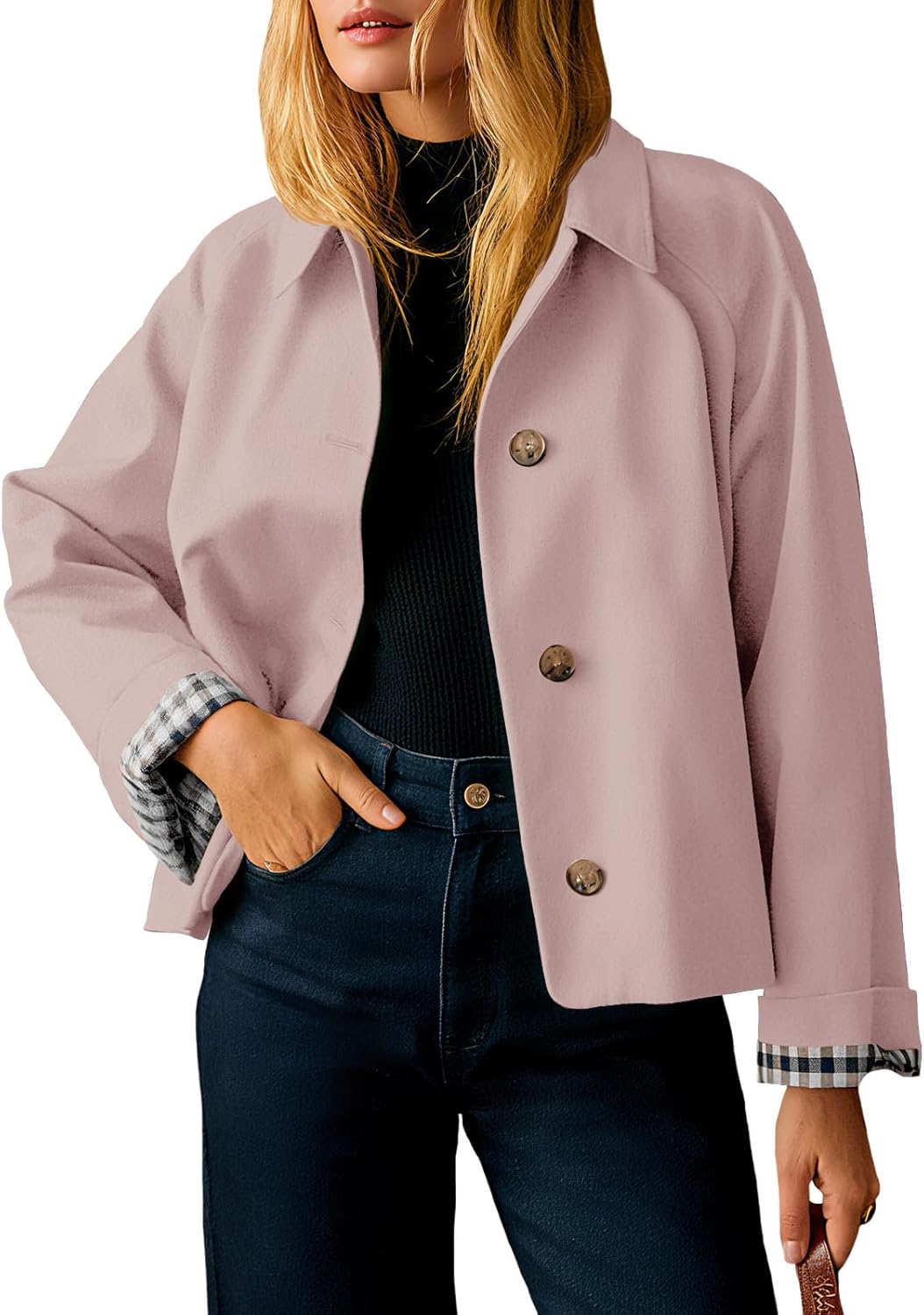 Womens Cropped Trench Coat Lightweight Single Breasted Jacket