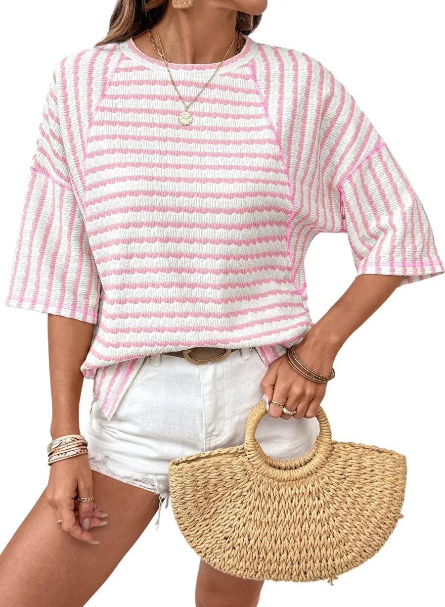 Women Stripe Textured Knit Split Hem Top
