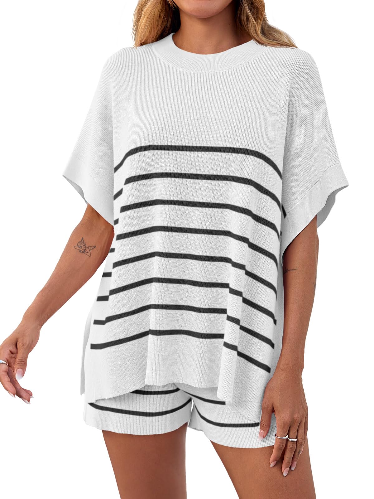 Women's Striped 2 Piece Outfits Oversized Batwing Short Sleeve Tops High Waisted Shorts(40% OFF!!!)