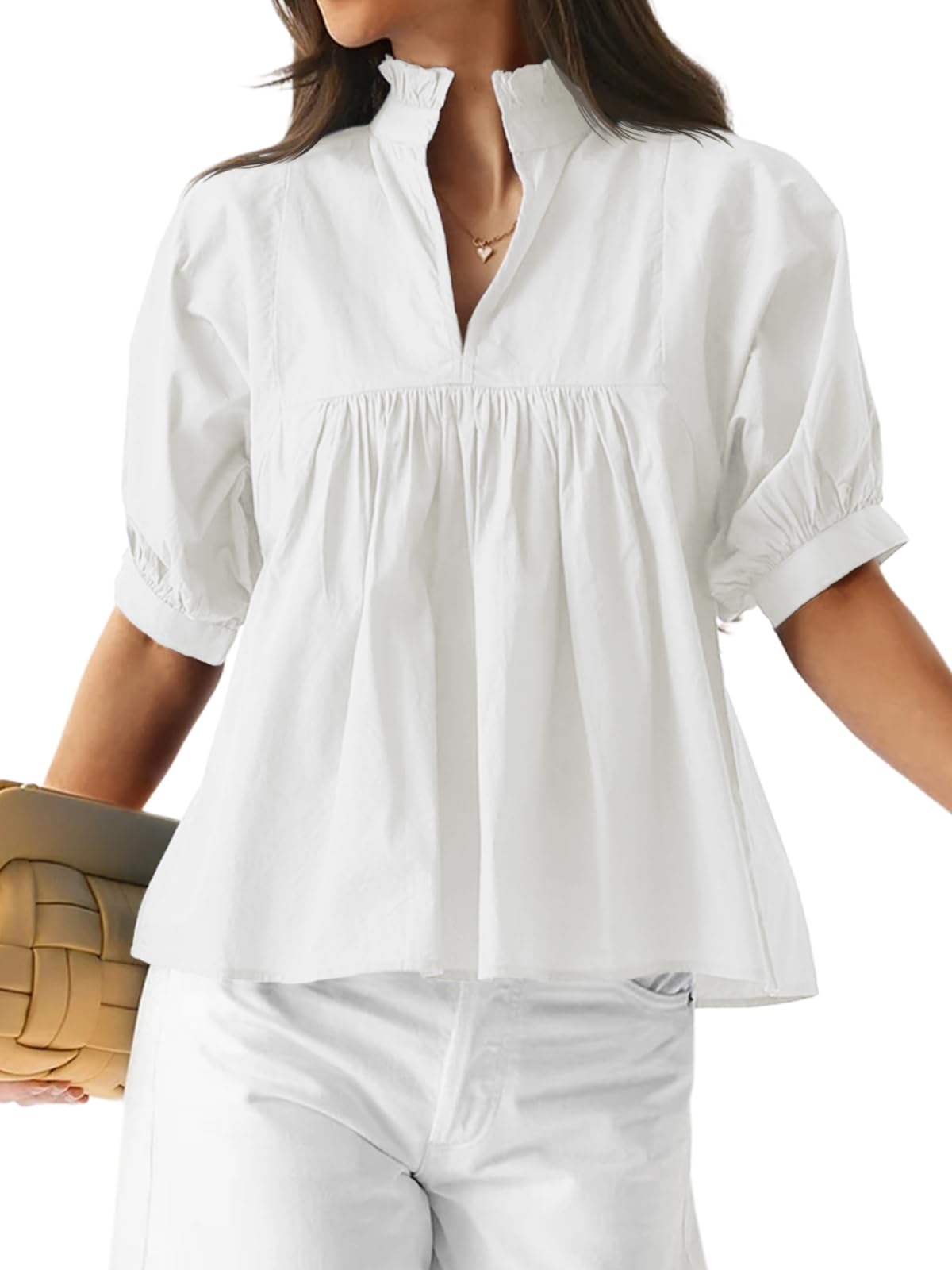 Womens Puff Sleeve V Neck Blouse Pleated Babydoll Peplum Tops