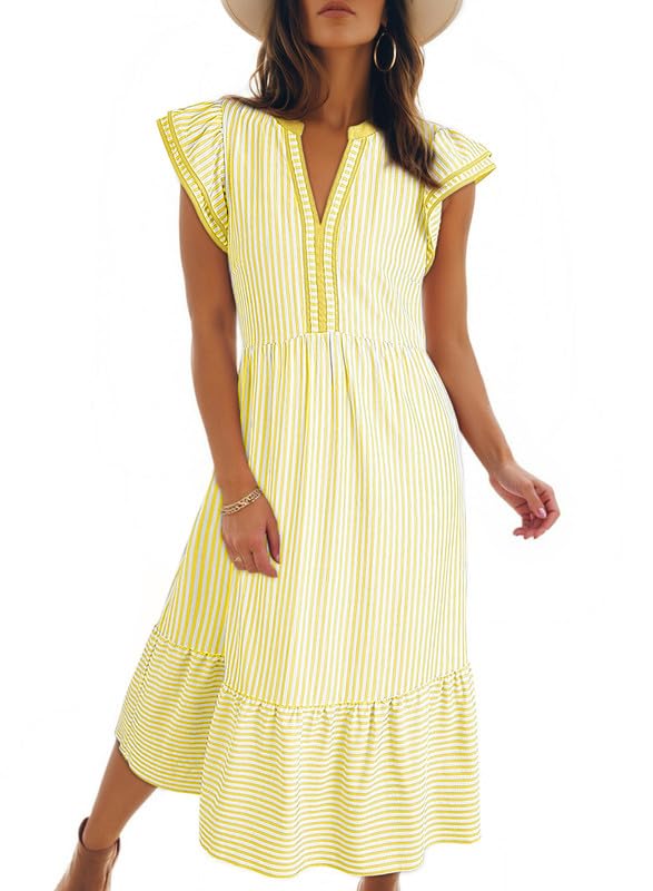 Womens Stripe Double Ruffled Short Sleeve Contrast Trim V Neck Midi Dress with Pockets
