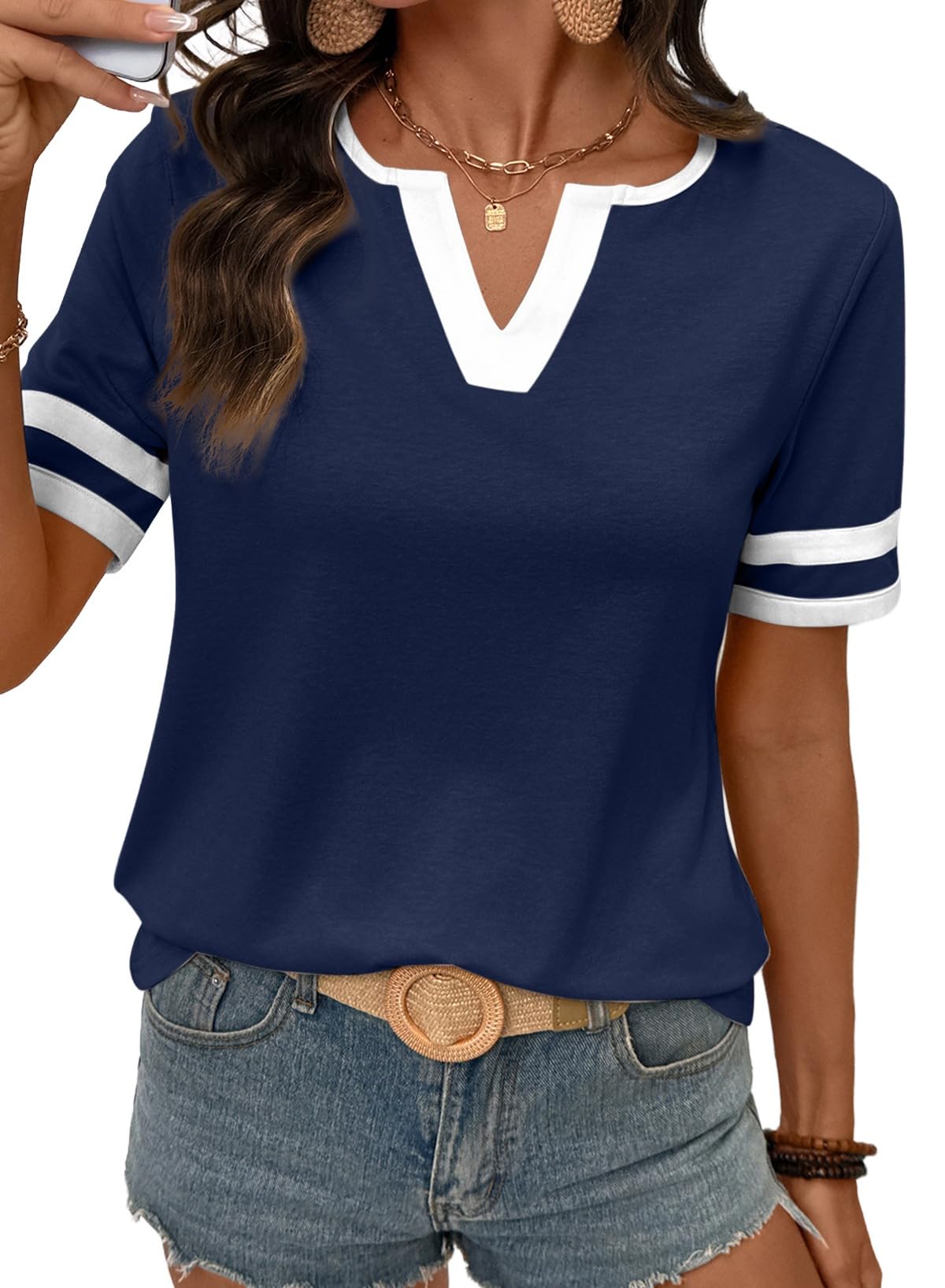 Women's Summer Tops V Neck Short Sleeve T-Shirts Colorblock Casual Tees
