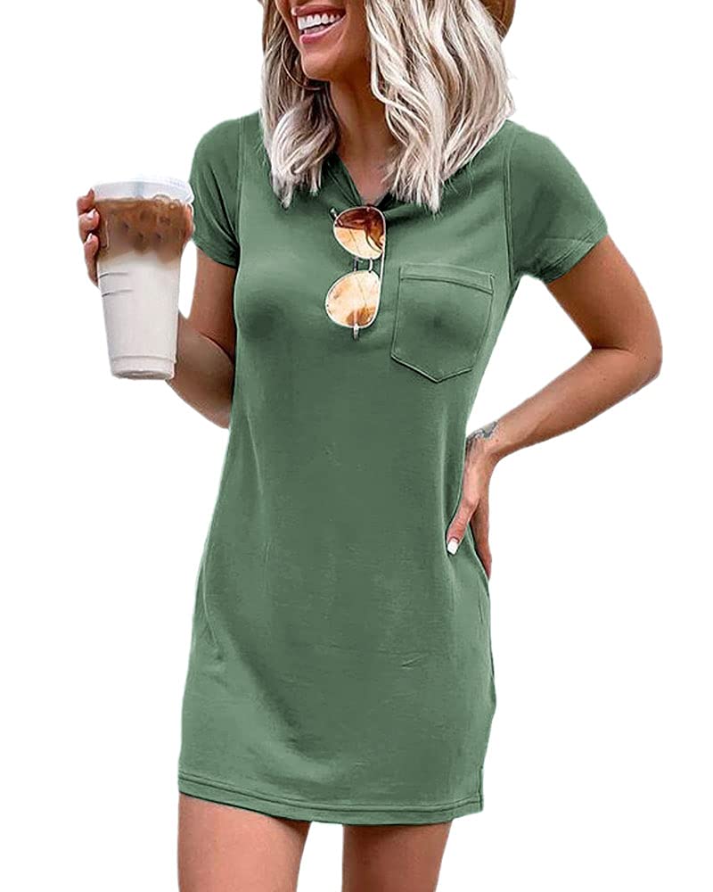 Women Crew Neck Short Sleeve T Shirt Dress with Pocket