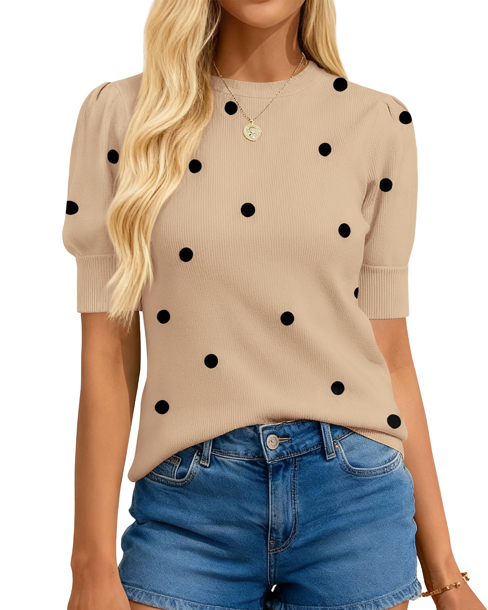 Womens Polka Dot Short Sleeve Crew Neck Sweater(buy 2 free shipping)
