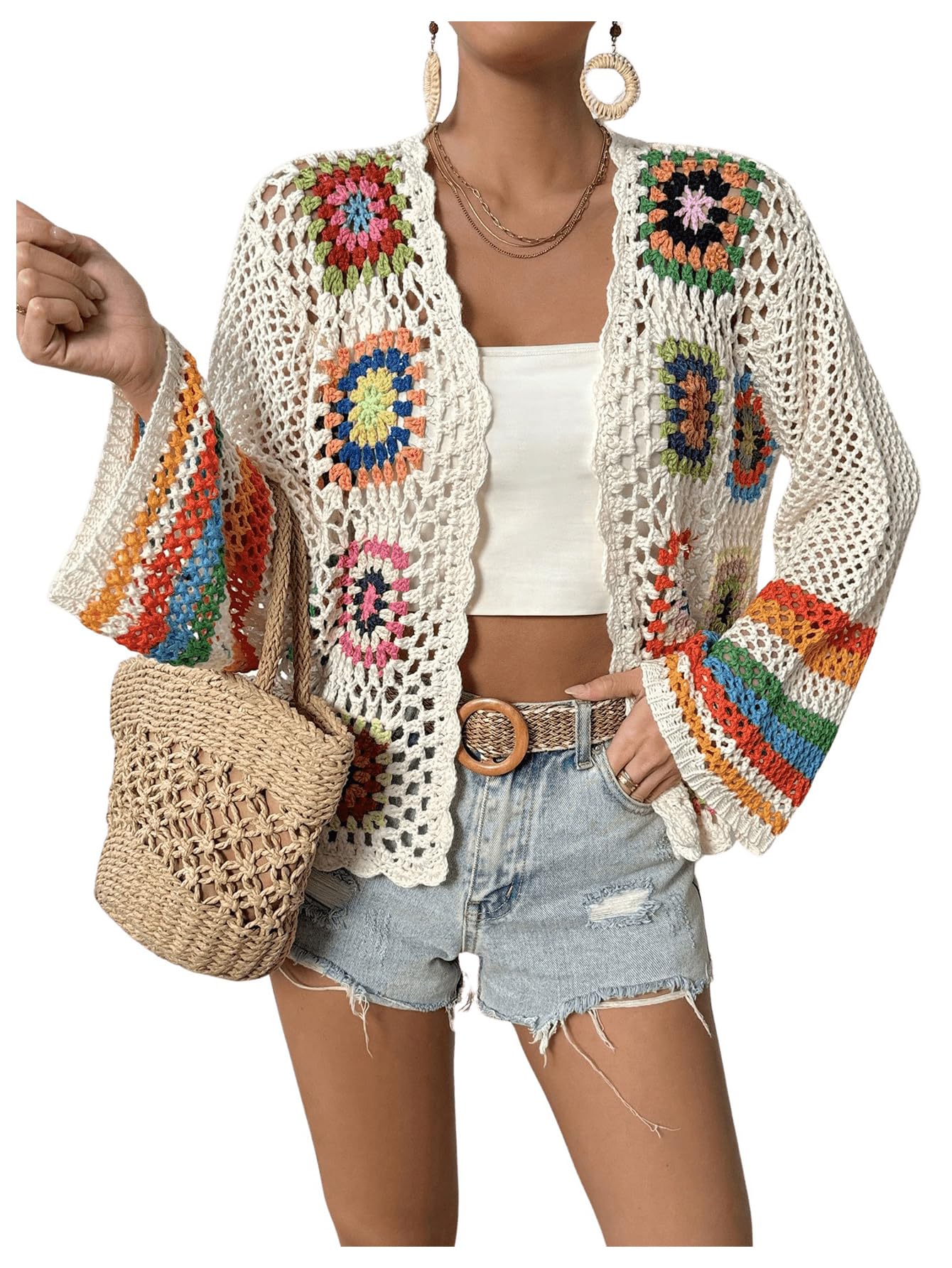 Women's Floral Crochet Cardigan Hollow Out Open Front Long Sleeve Cardigan