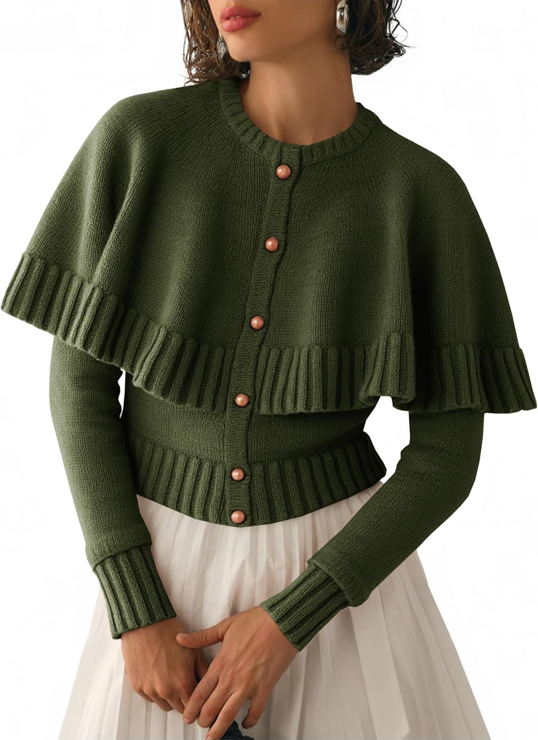 Womens Cropped Cardigan Sweater Long Sleeve Knit Button Up Cape Sweaters