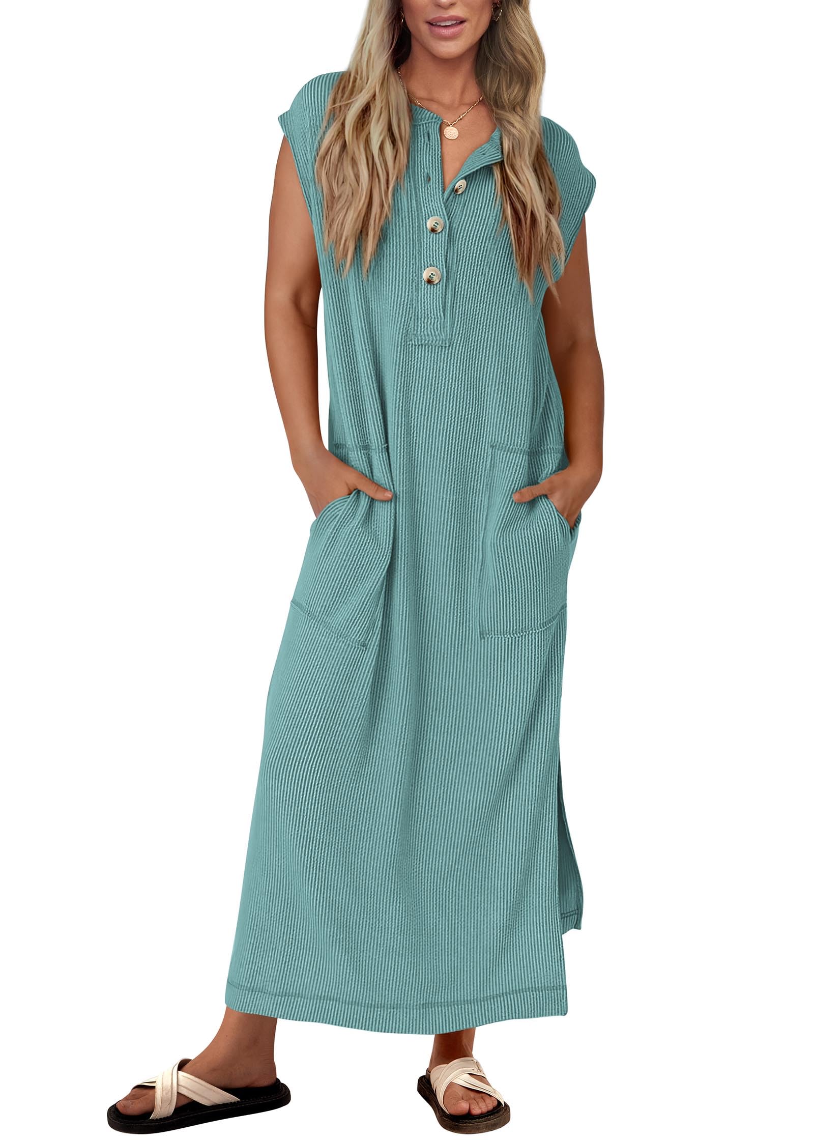 Womens Ribbed Knit Henley Short Sleeve Button Up Loose Maxi Dress