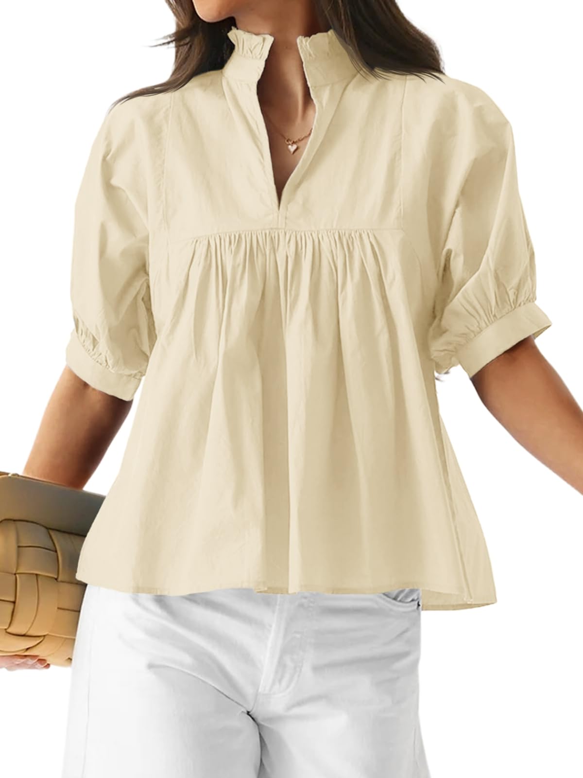 Womens Puff Sleeve V Neck Blouse Pleated Babydoll Peplum Tops