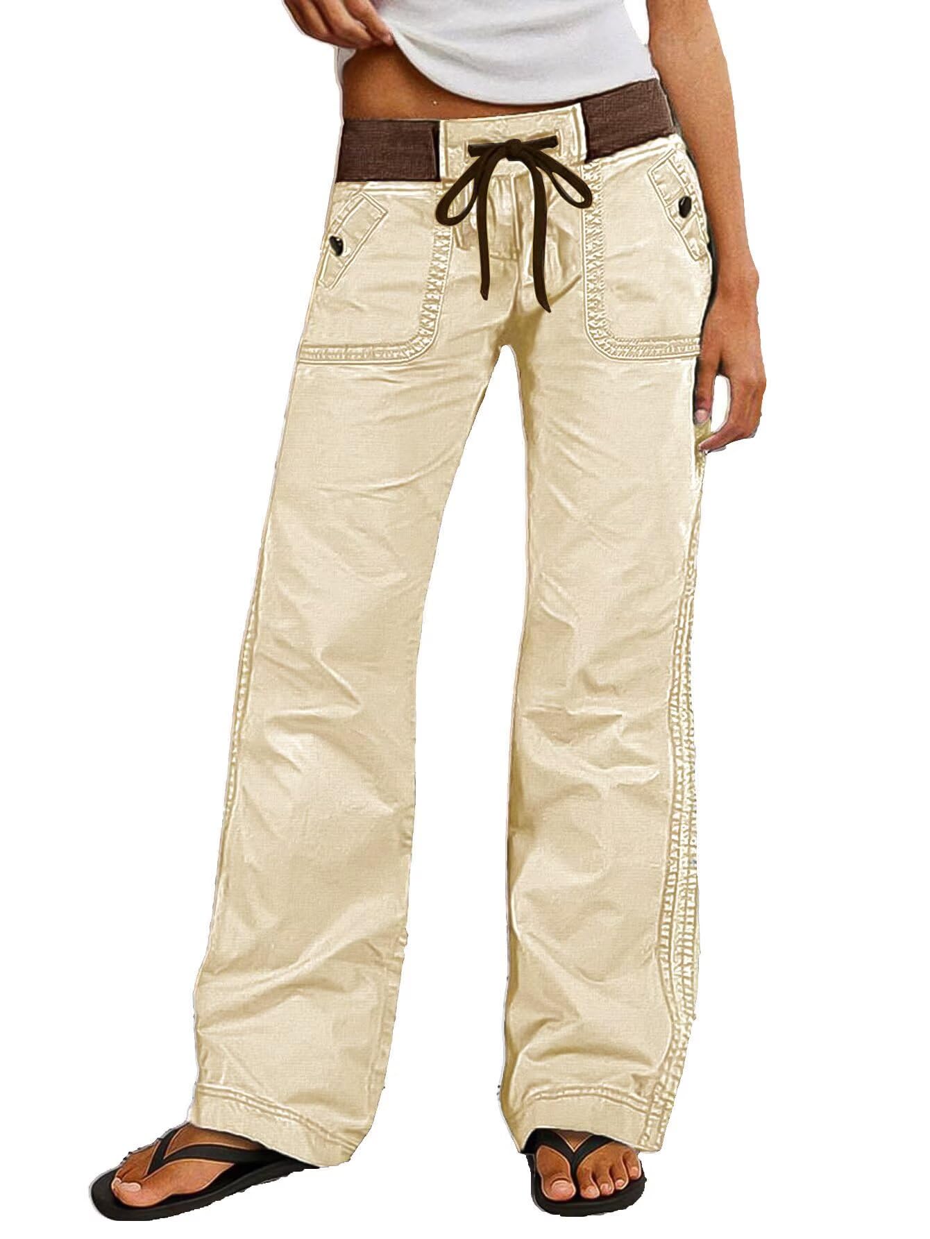 Women Drawstring Waist Mid Rise Seam Detail Straight Leg Pants