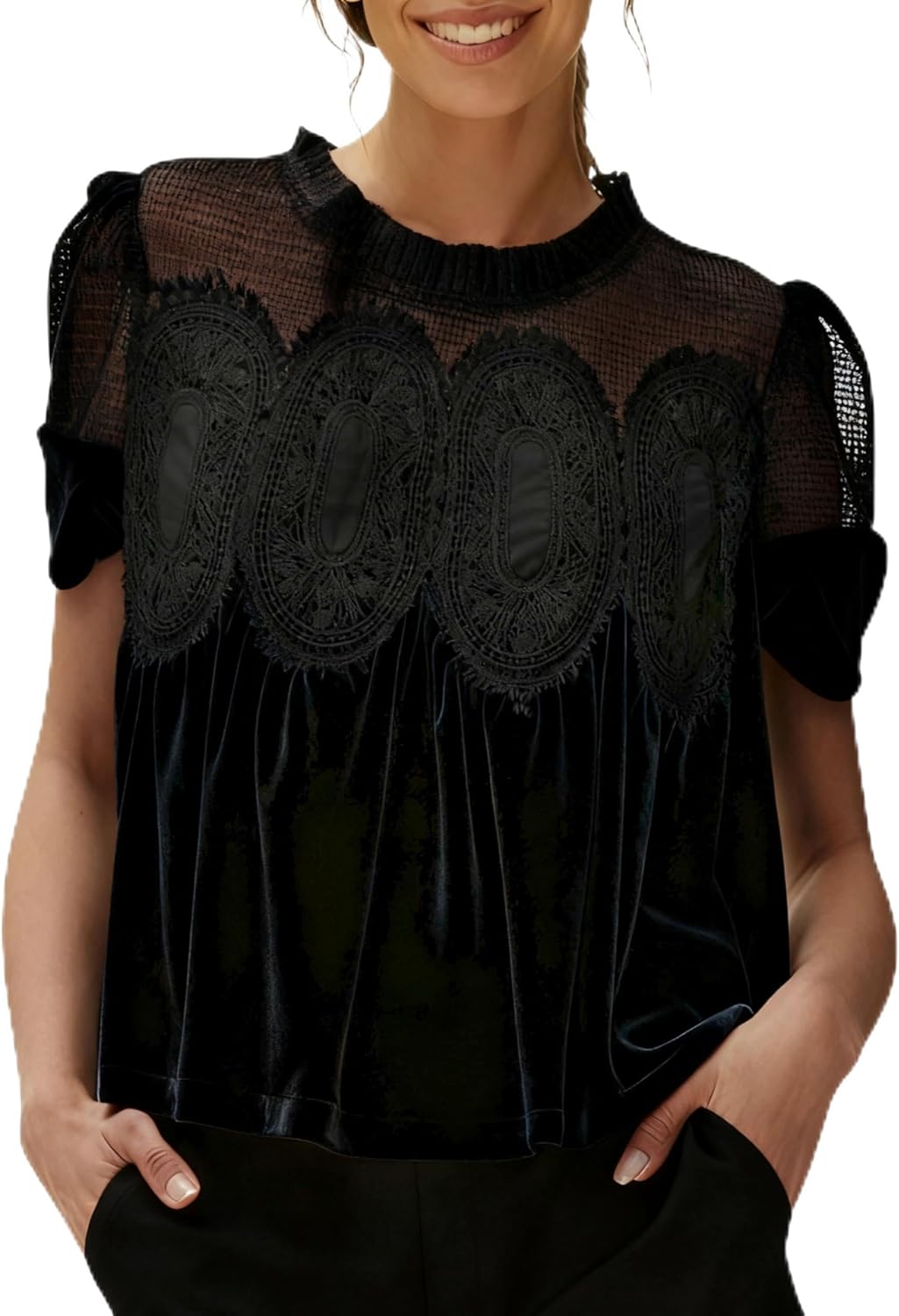 Women's Velvet Lace Blouse Casual Round Neck Short Sleeve Flared Swing Top