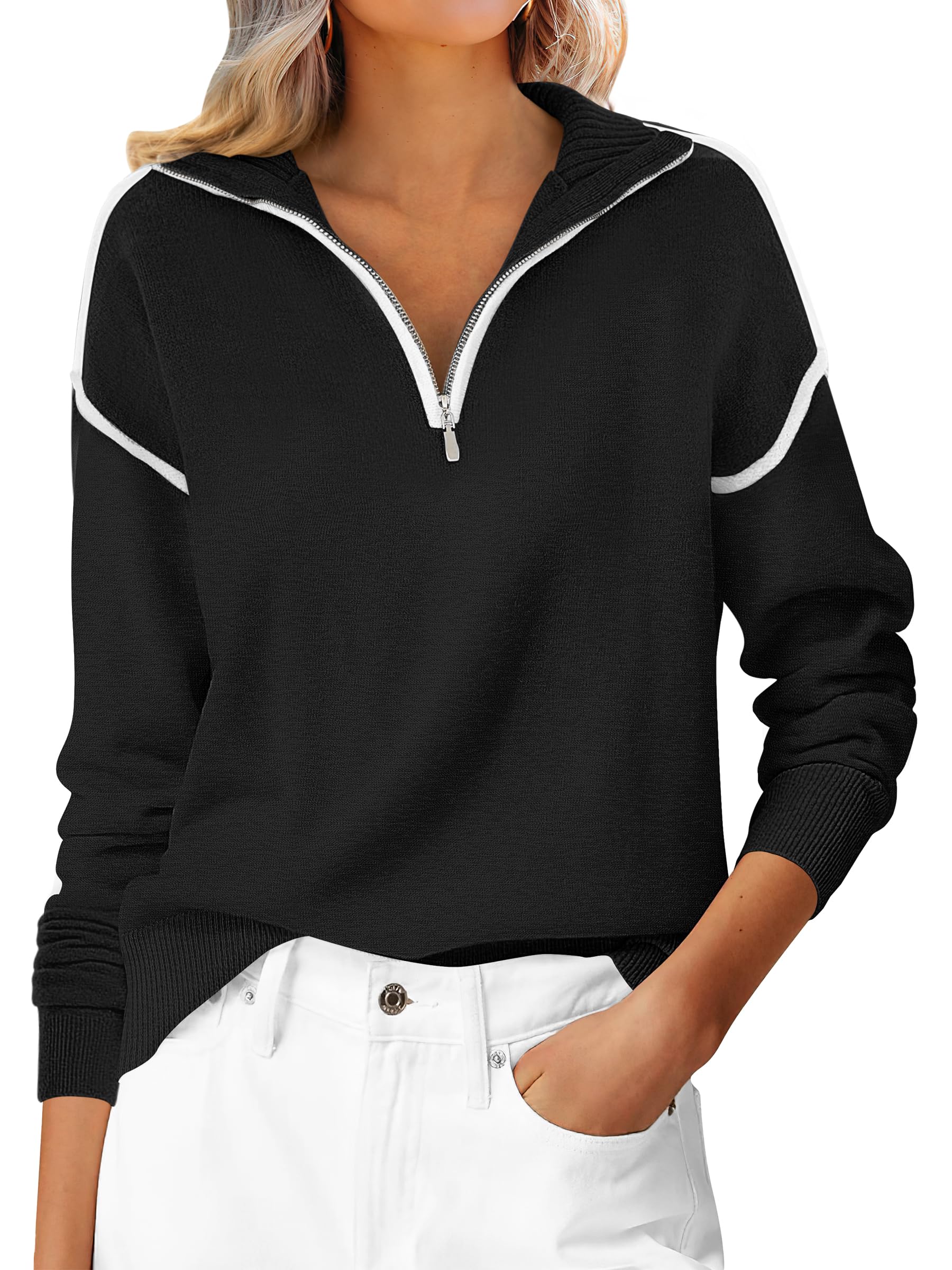 Womens Quarter Zip V Neck Shirts Collared Tops Knit Pullover Sweatshirts