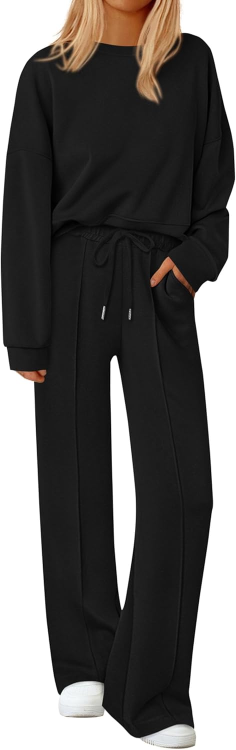 Womens Trendy Long Sleeve Sweatshirt Wide Leg Pants Loungewear Set