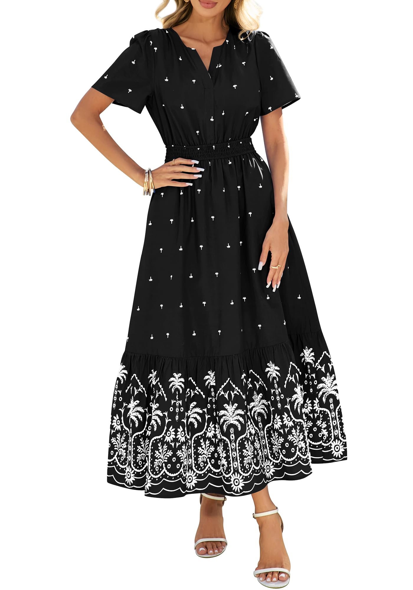 Womens Casual Short Sleeve Elastic Waist Flowy Beach Vacation Floral Boho Maxi Dress