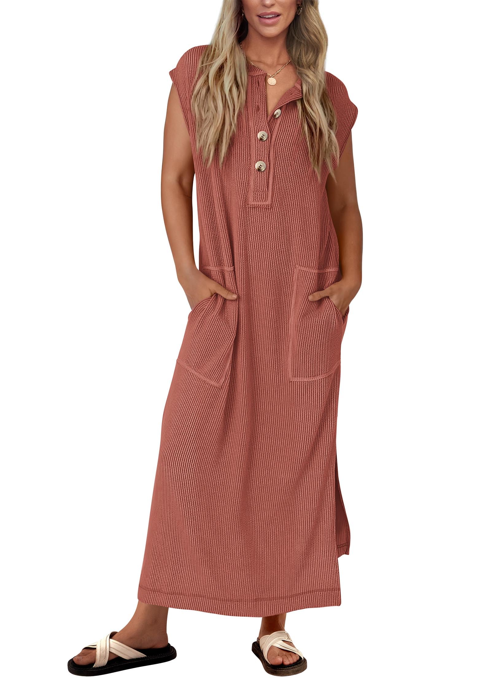 Womens Ribbed Knit Henley Short Sleeve Button Up Loose Maxi Dress