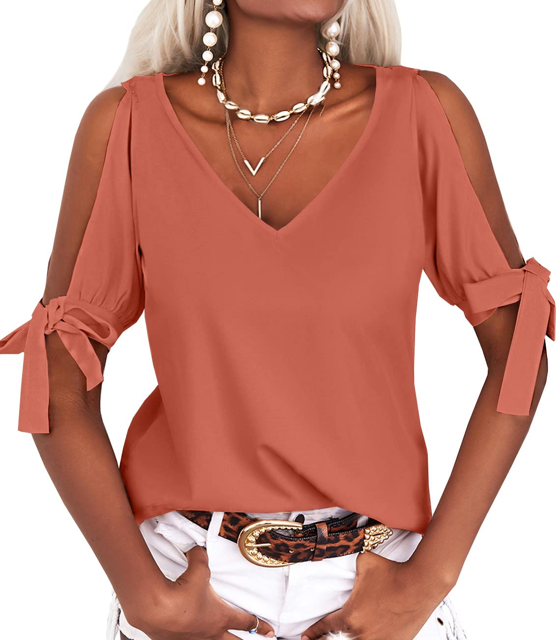 Women's Short Sleeve V-Neck Casual Loose Cutout Blouse