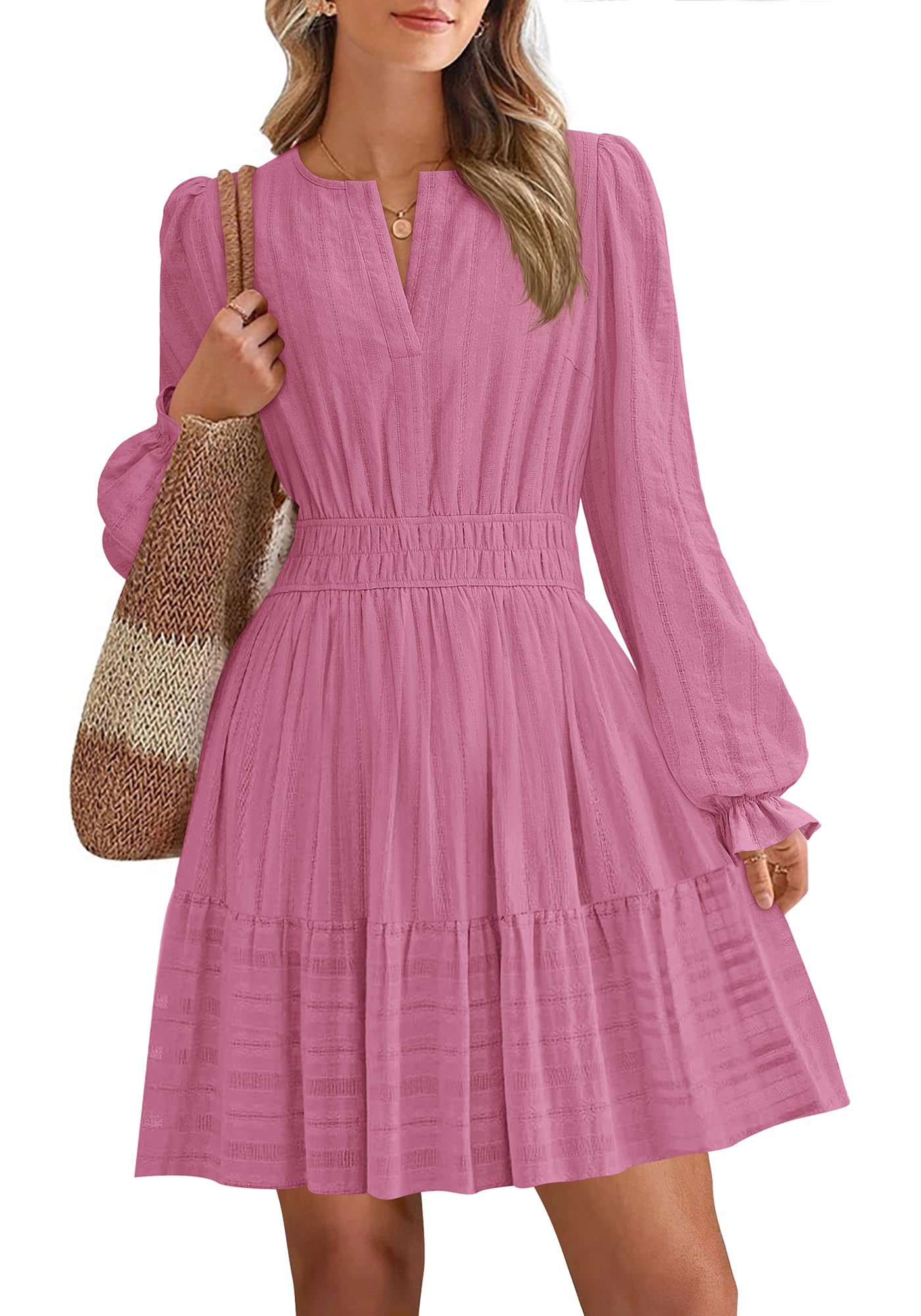 Women 2026 Casual Lightweight Long Sleeve V Neck A Line Elastic Waist Mini Dresses(50% OFF!!!)