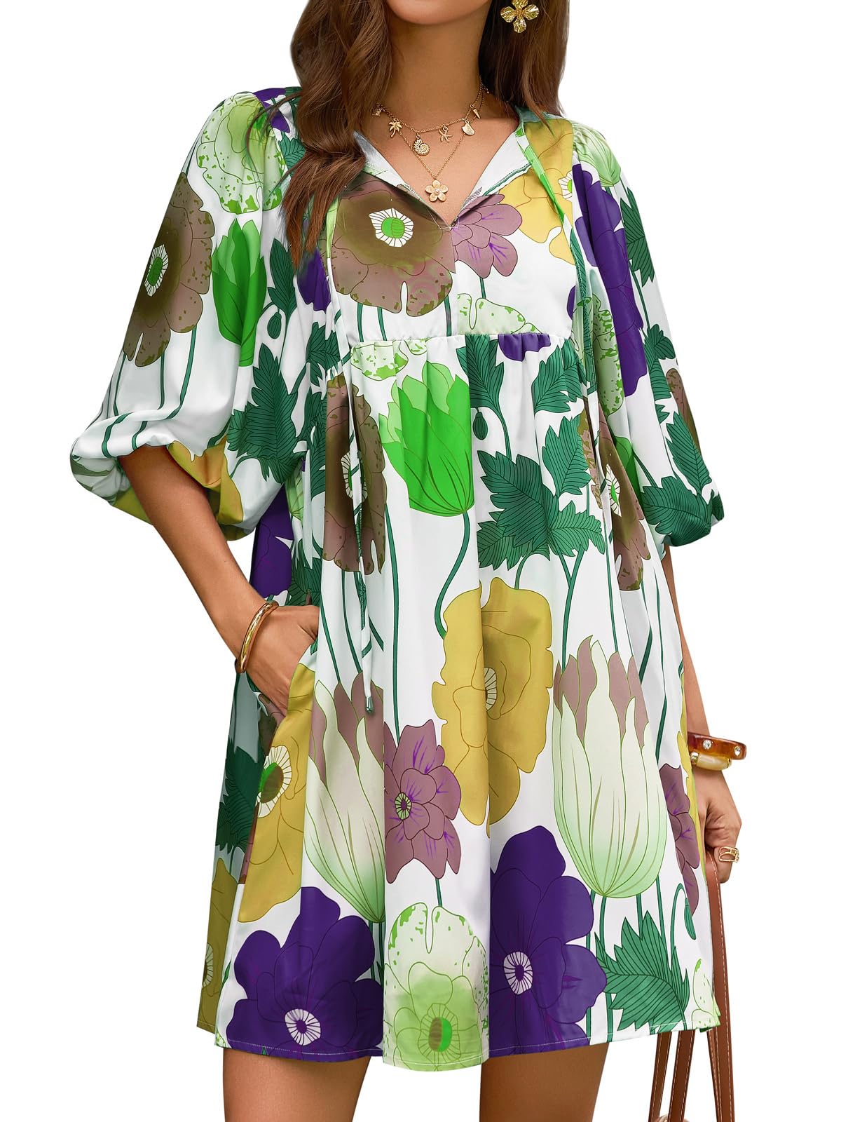 Womens V Neck Puff Sleeve Floral Mini Babydoll Dress with Pockets